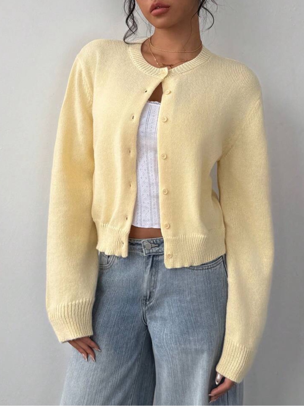 Basics Casual Solid Color Round Neck Long Sleeve Loose Cropped Women Cardigan